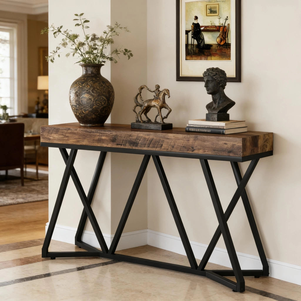TAVOLO Consolle 140 cm MDF e Metallo Nero Marrone Rustico