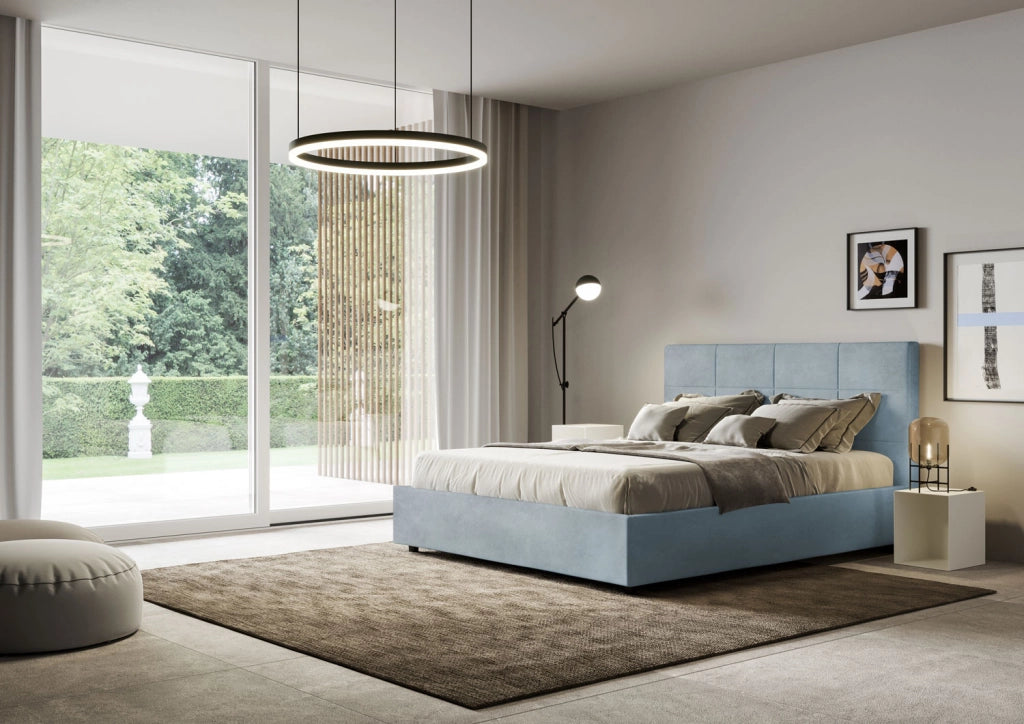 BS COM Letto matrimoniale contenitore imbottito 160x190 microfibra azzurro