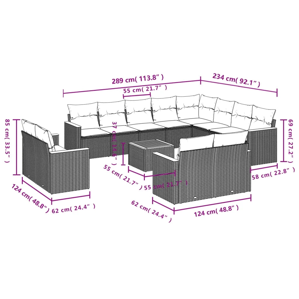 Set Divani da Giardino 13pz con Cuscini Nero in Polyrattan 3226517