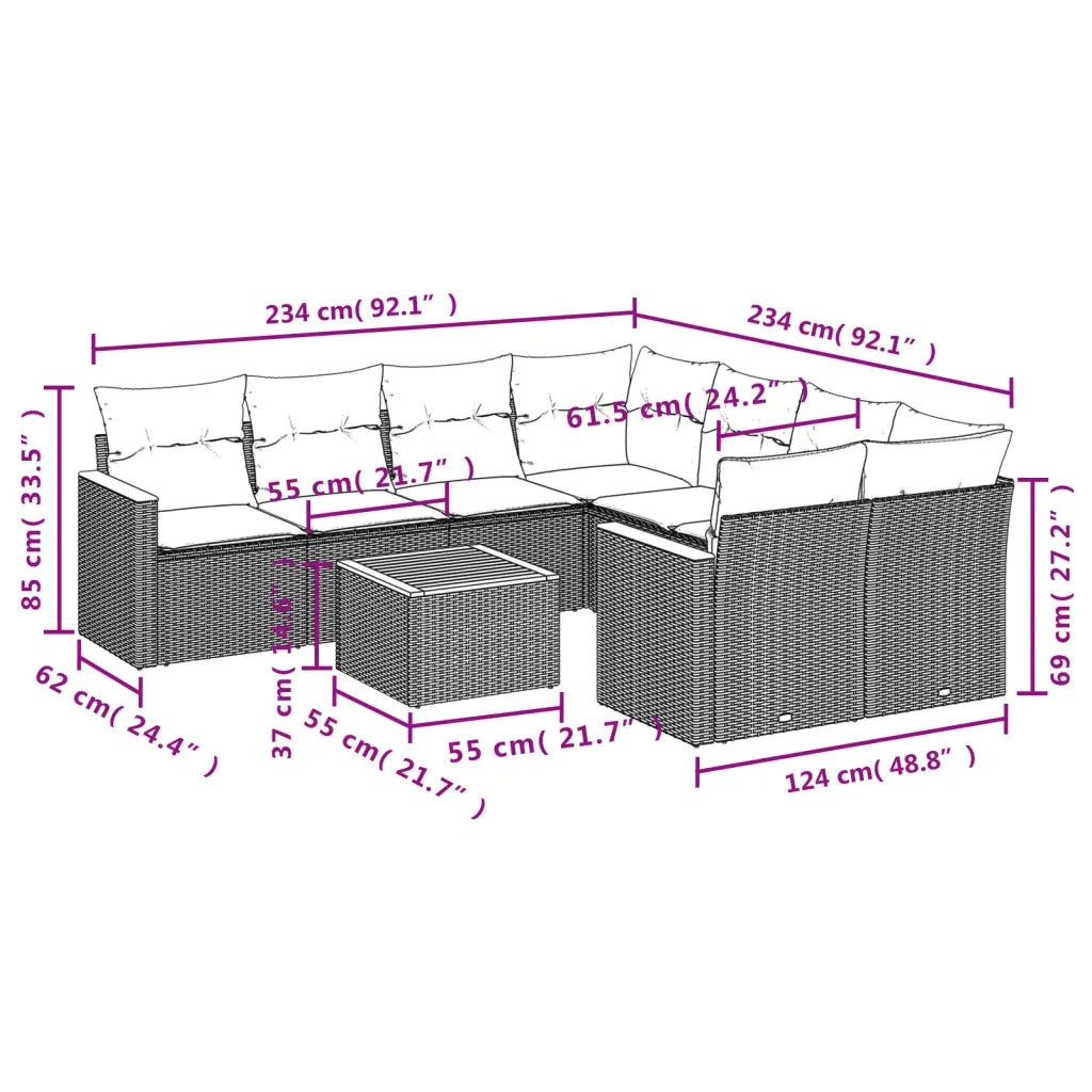 Set Divano da Giardino 9 pz con Cuscini Grigio in Polyrattan 3225829
