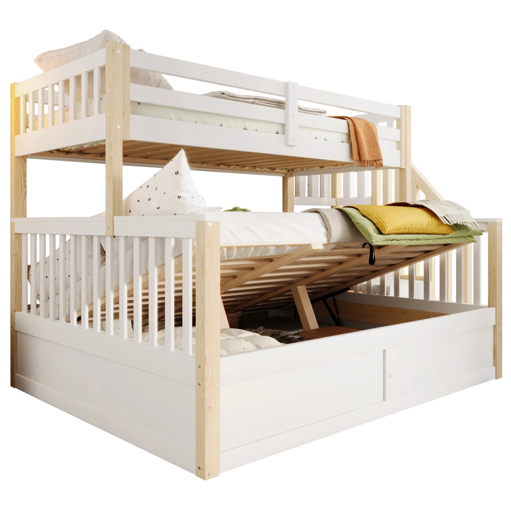 OKWISH Letto a Castello 90×200 cm e 140×200 cm, Letto 3 Posti con Contenitore Idraulico, Scala con Contenitori e Sponde, senza Materasso, Bianco e Naturale