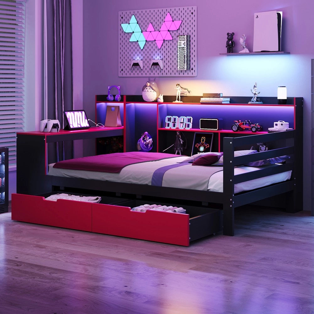 Letto a Soppalco con Scrivania, Scaffale, Cassetti e LED ¨C Xylo ¨C Legno Nero, 90x200
