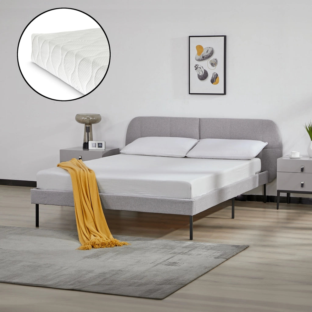 Letto Francese Porvoo con Testiera e Materasso 140x200 cm Rivestimento in Tessuto - Grigio [en.casa]