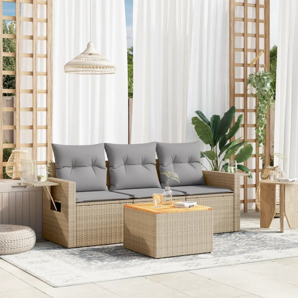 Set Divano da Giardino 4 pz | Set Salotto da Giardino con Cuscini Beige Misto Polyrattan