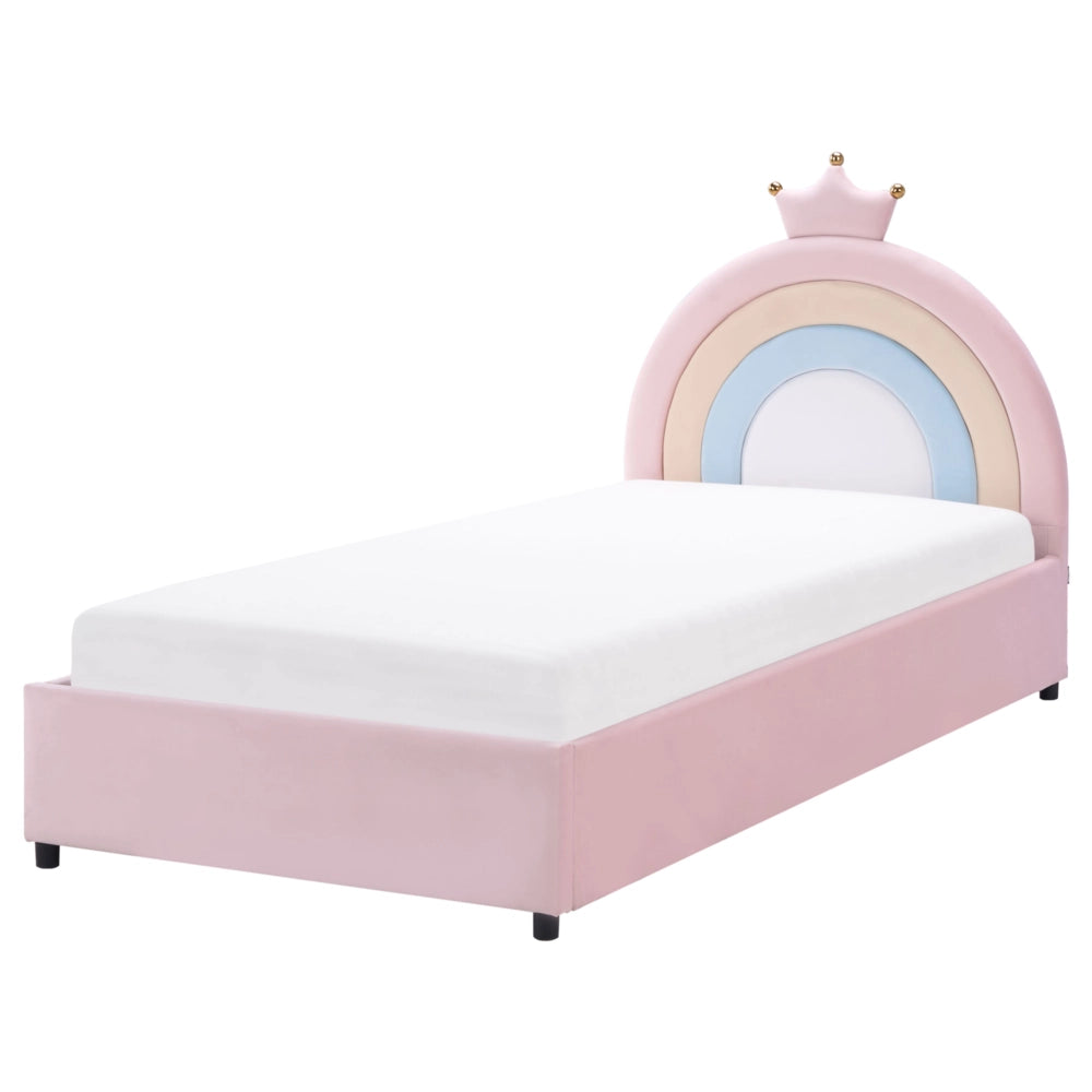 Letto singolo in velluto blu imbottito con base a doghe e contenitore rosa 90 x 200 cm Cameretta Bambini Moderna Tradizionale