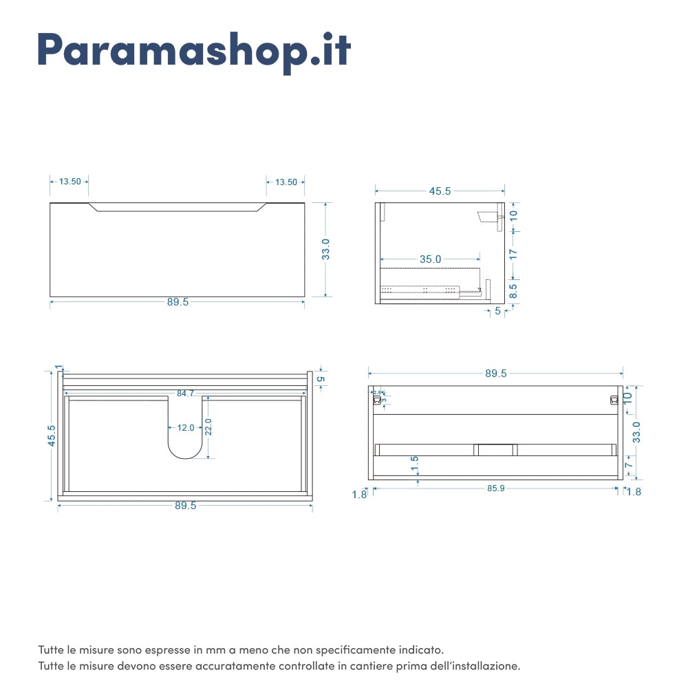 Mobile bagno sospeso 90 cm grigio opaco un cassettone con top | Bako