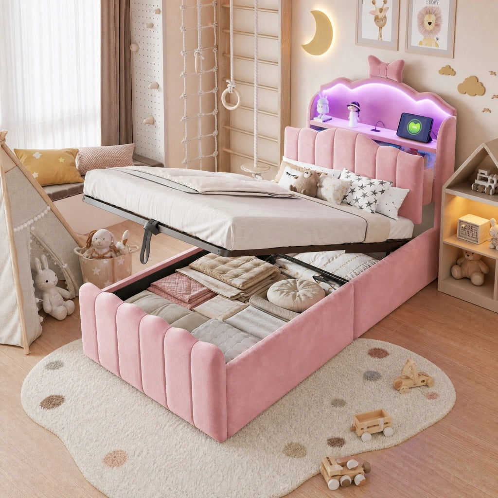 LETTO Contenitore 90x200 cm in velluto rosa con USB e LED