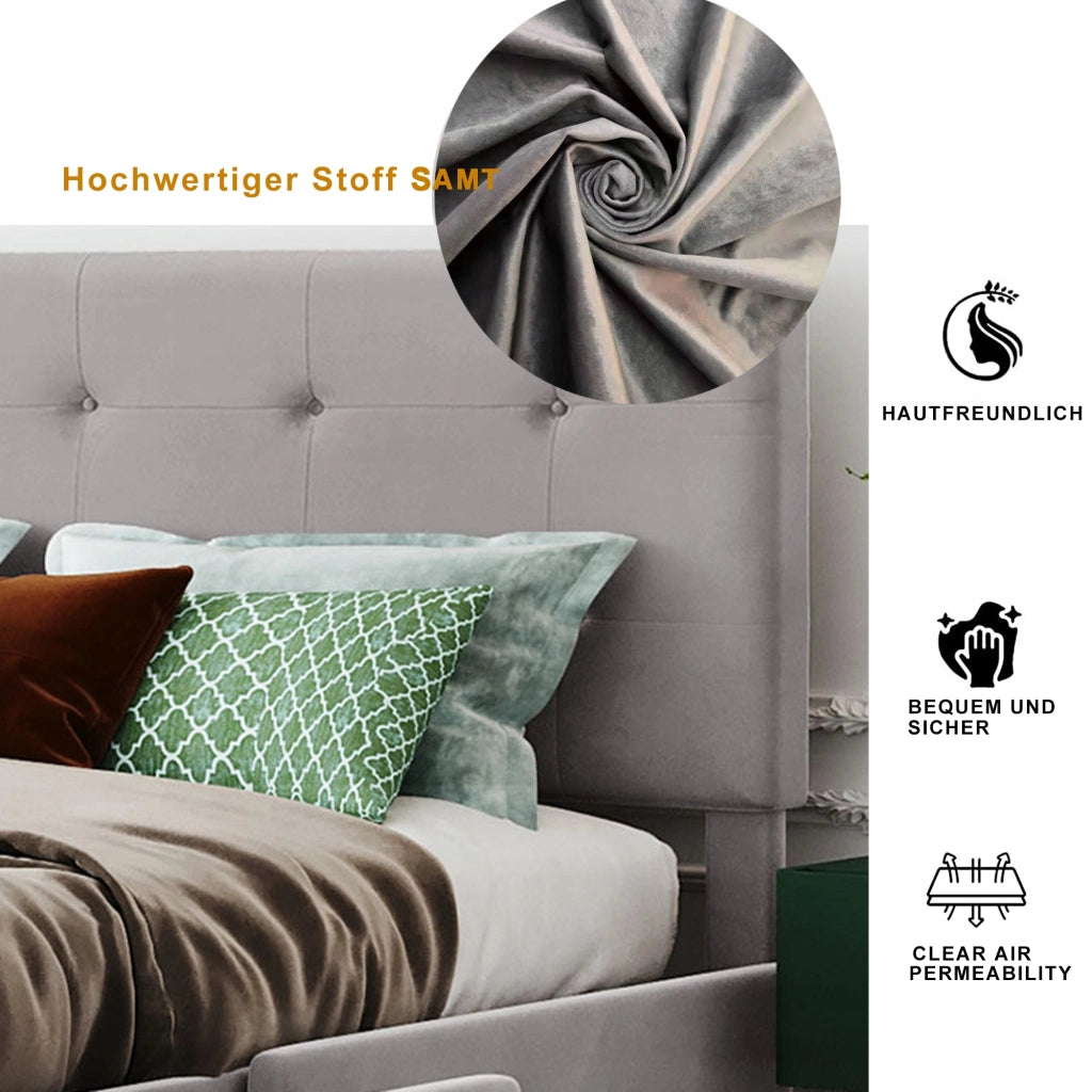 Letto imbottito 140x200 grigio con cassetti - Xylo