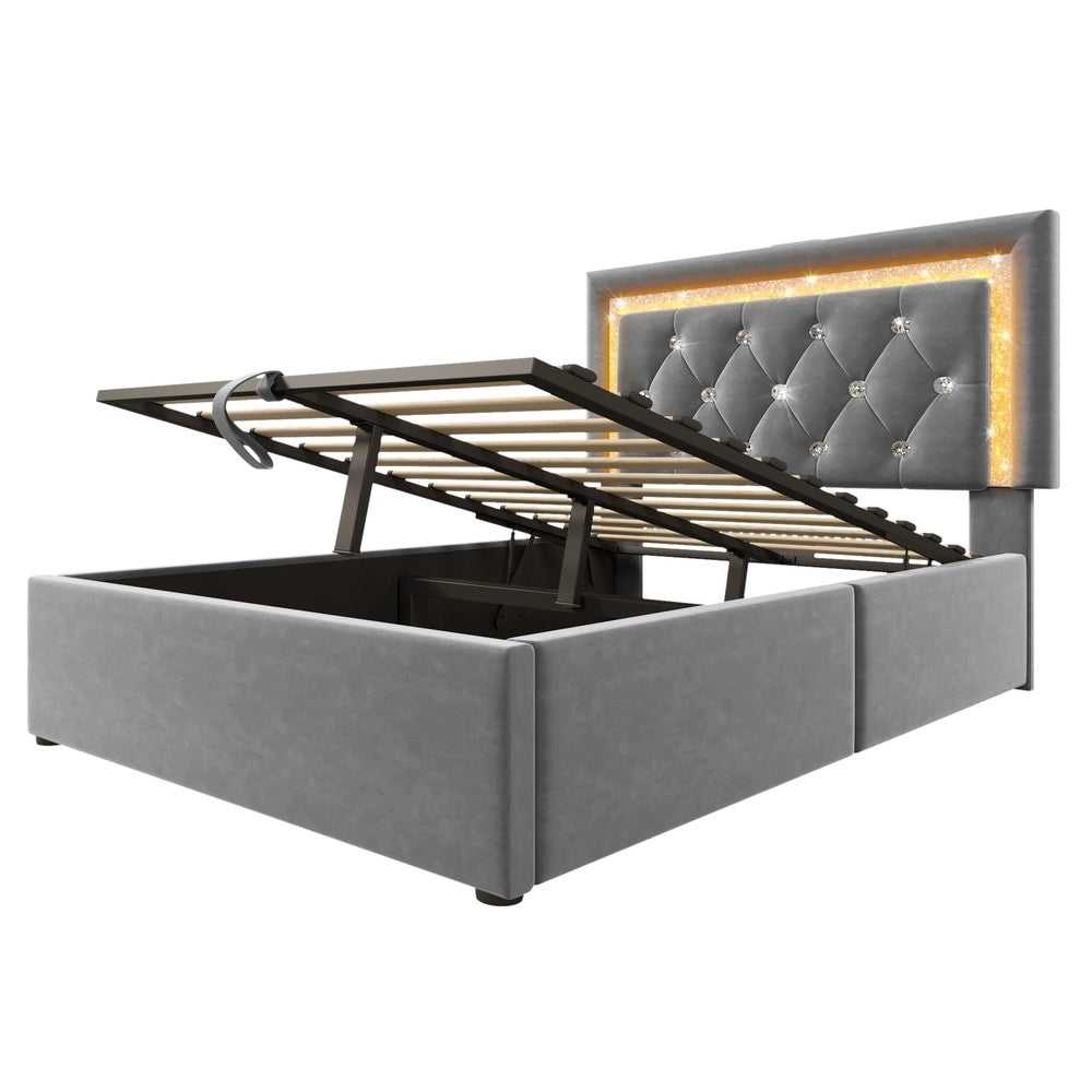 Letto Imbottito Singolo con Contenitore Idraulico e LED ¨C MINIMAL ¨C Velluto Grigio 90x200
