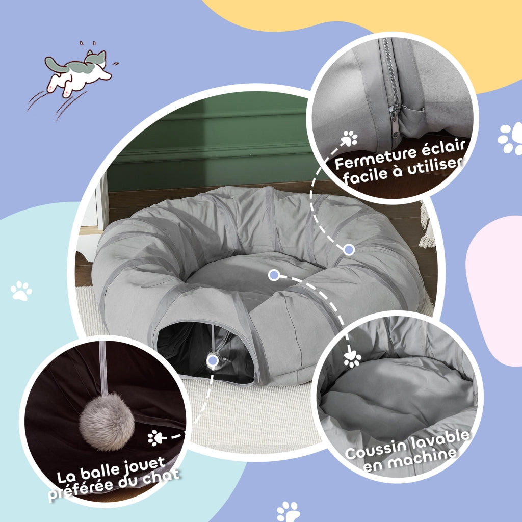 Tunnel per gatti con letto e cuscino ¨C zephmum ¨C grigio ?90x27cm