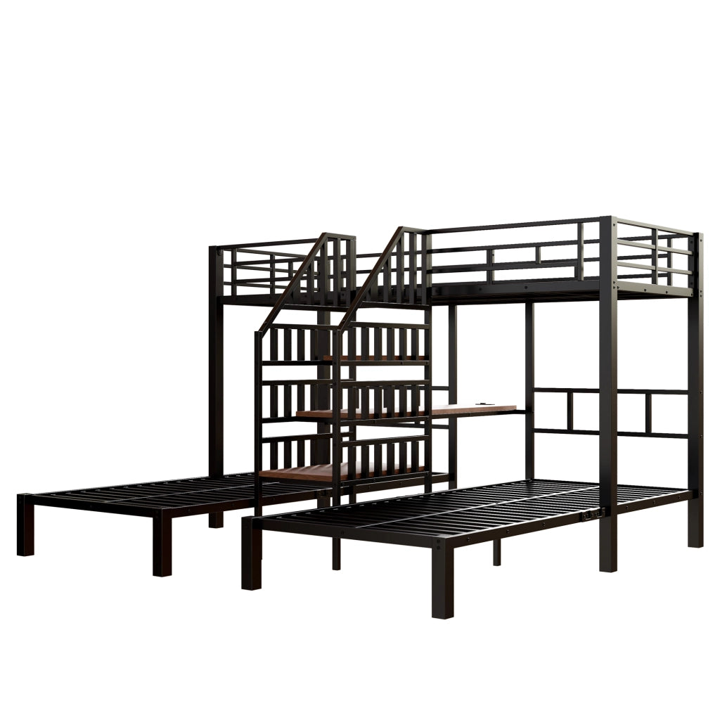 Letto a castello 90x200 cm - Zephmum- 3 posti, LED, scrivania, scaffale, USB, nero