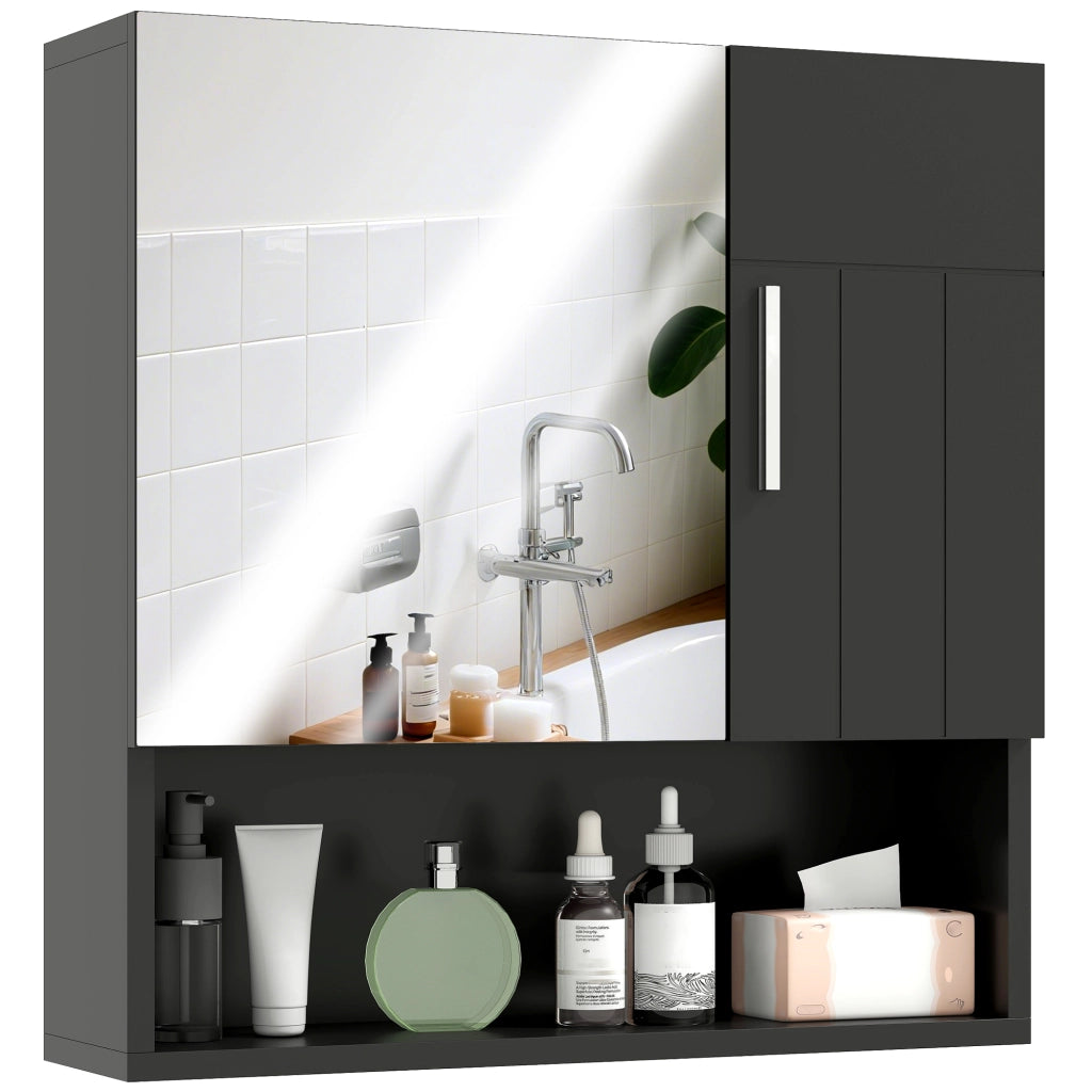 Armadietto Specchiera Bagno in Legno con Mensole Regolabili e Ripiano Aperto ¨C Zephmum ¨C Nero 54x15.2x55.3 cm
