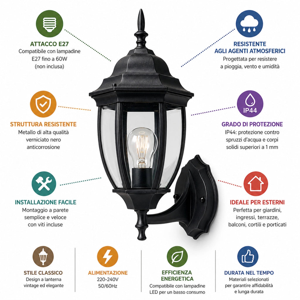 APPLIQUE DA ESTERNO LANTERNA NERA PARETE E27 MAX 60W CLASSICA GIARDINO IP44 A2-S