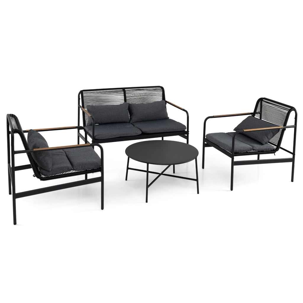 Set mobili da patio 4 pezzi in vimini con cuscini, Divano 2 posti e 2 poltrone con tavolino per giardino balcone