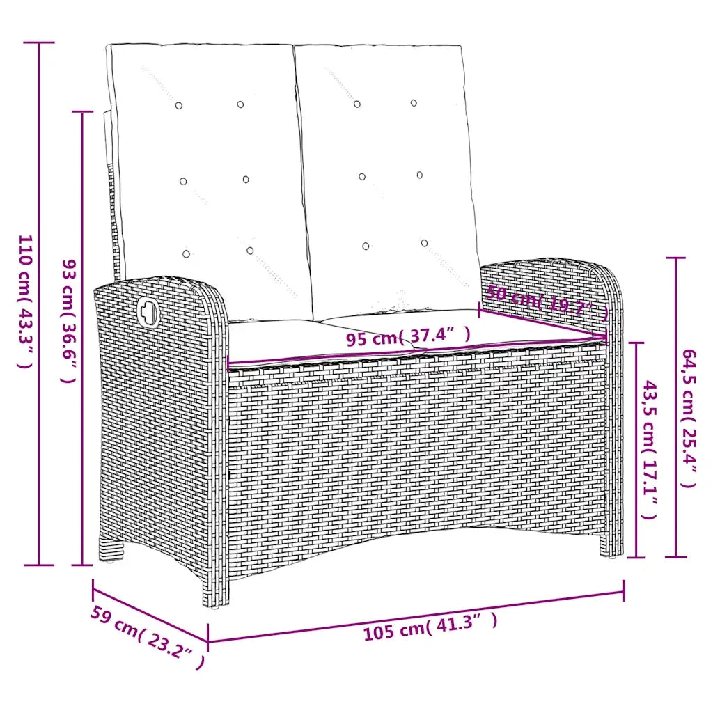 Panca Reclinabile da Giardino con Cuscini-Sgabello-Sedia da esterno Nera in Polyrattan 651384