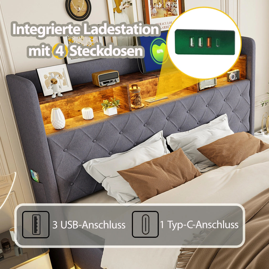 LETTO imbottito LED 160 x 200 cm grigio con USB e contenitore idraulico