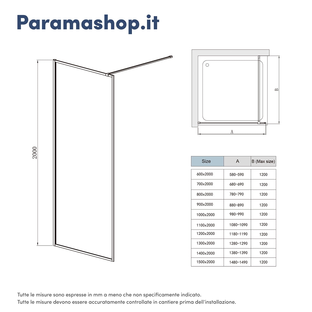 Doccia walk-in full frame 70 cm vetro trasparente profili neri | Rodi