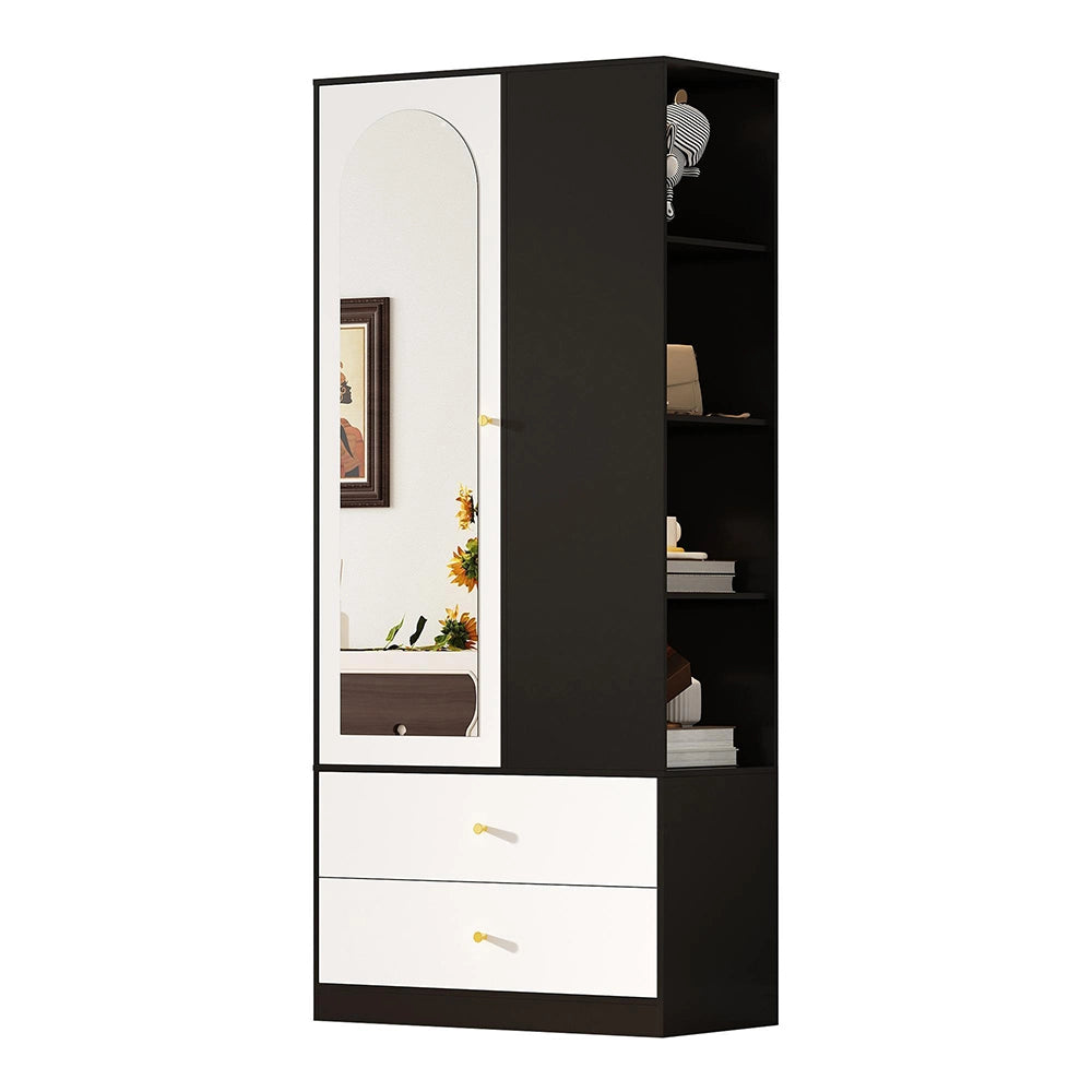 Armadio con specchio e porta - Xylo - 80x40x180 cm - Bianco e nero - 2 cassetti e 4 ripiani