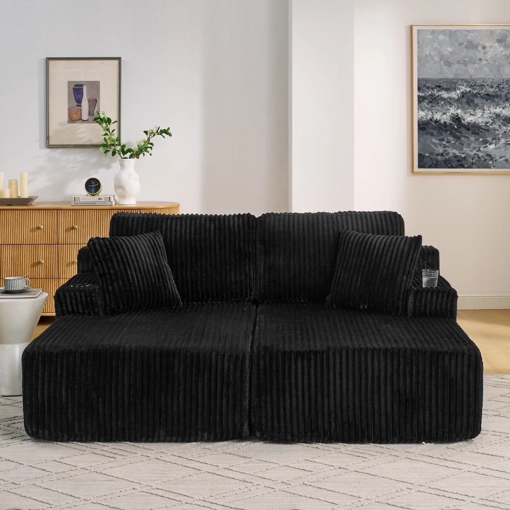Divano Letto 2 Posti Relax ¨C MINIMAL ¨C Nero, Tessuto a Coste, con Cuscini