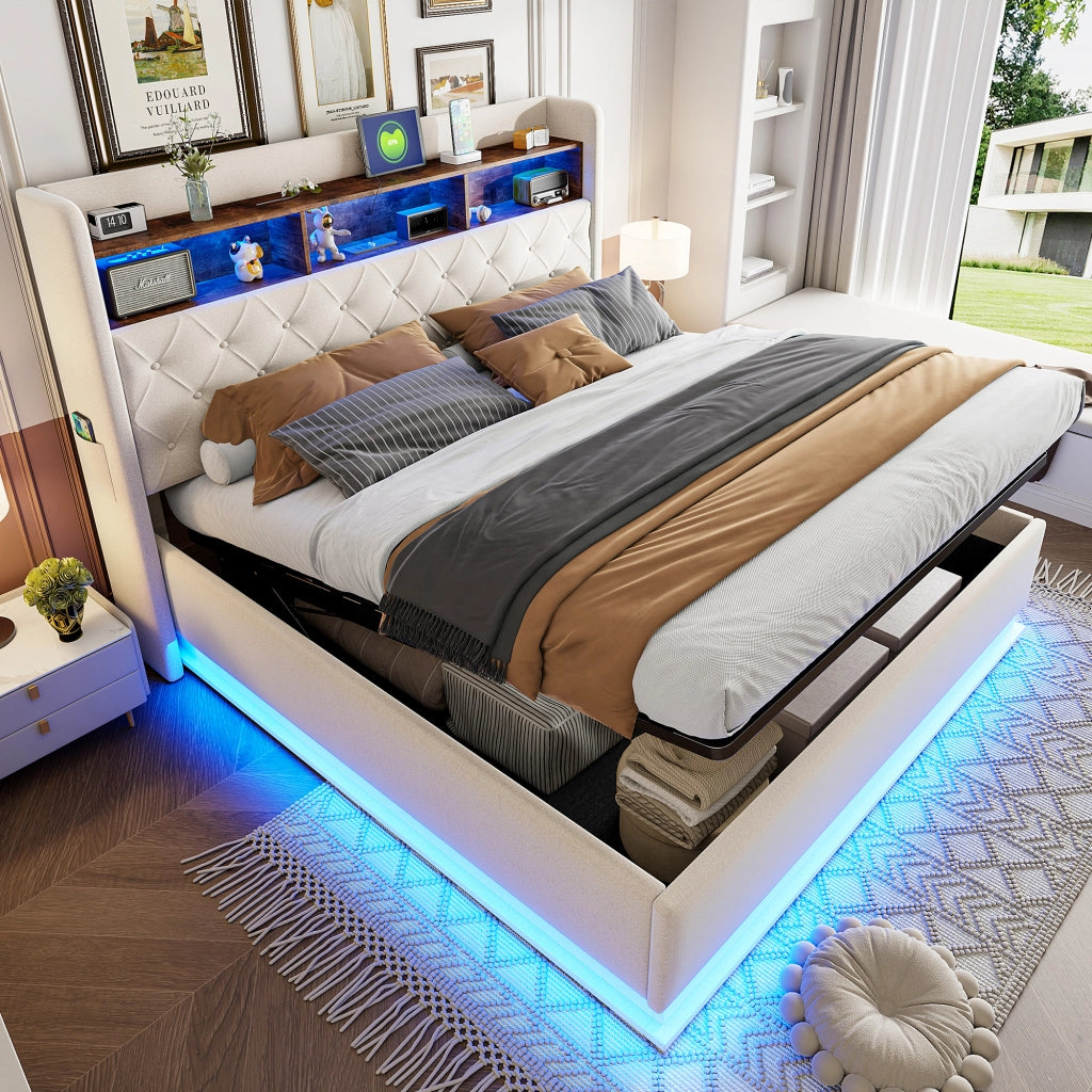 LETTO Imbottito 180x200 cm Beige con LED, USB e vano contenitore