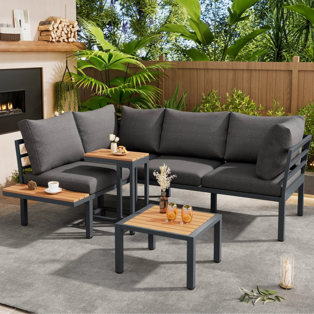 Set Salotto da Giardino con Divano, Tavolino e Cuscini ¨C MINIMAL ¨C Polyrattan Grigio/Nero