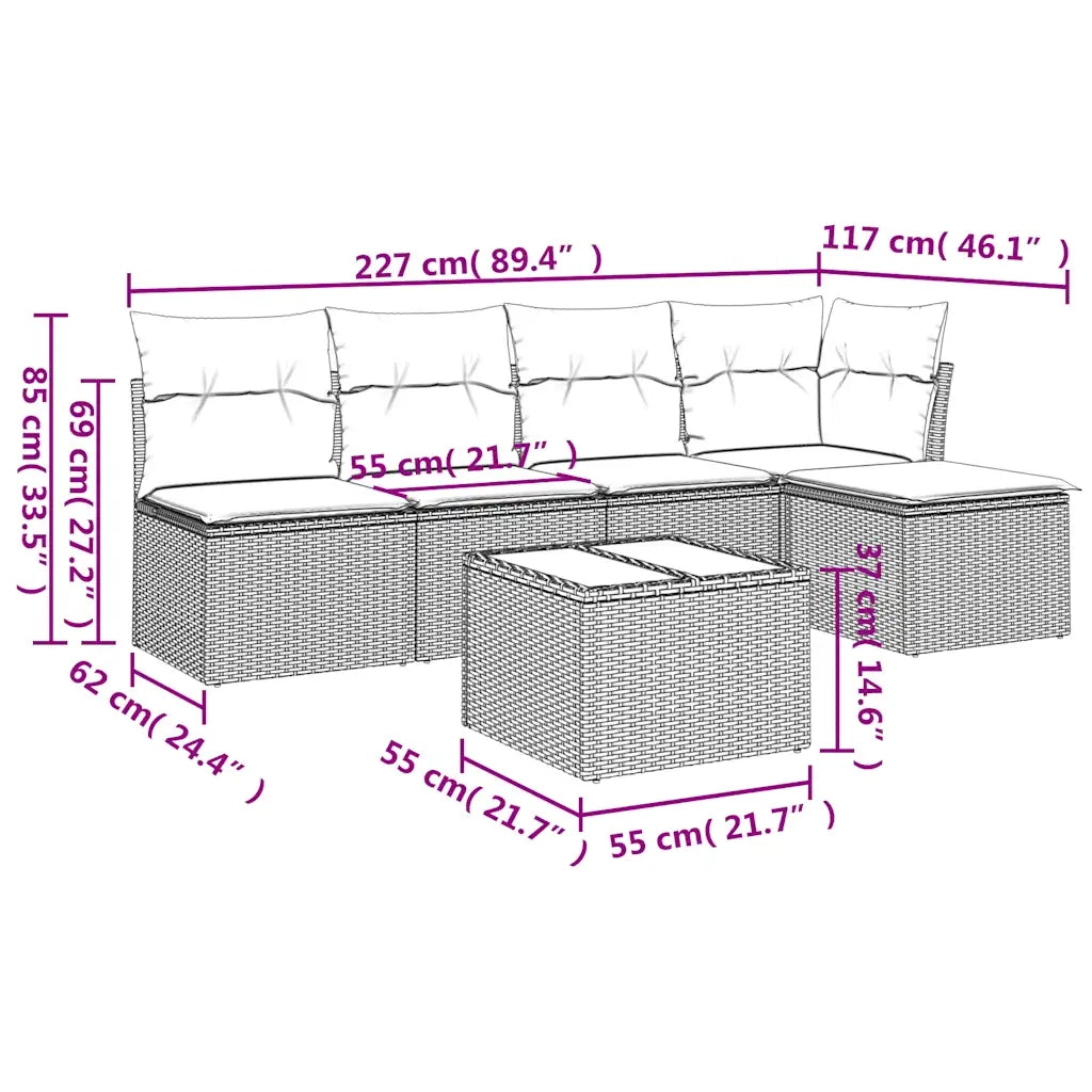 Set Divano da Giardino 6 pz | Set Salotto da Giardino con Cuscini Marrone in Polyrattan