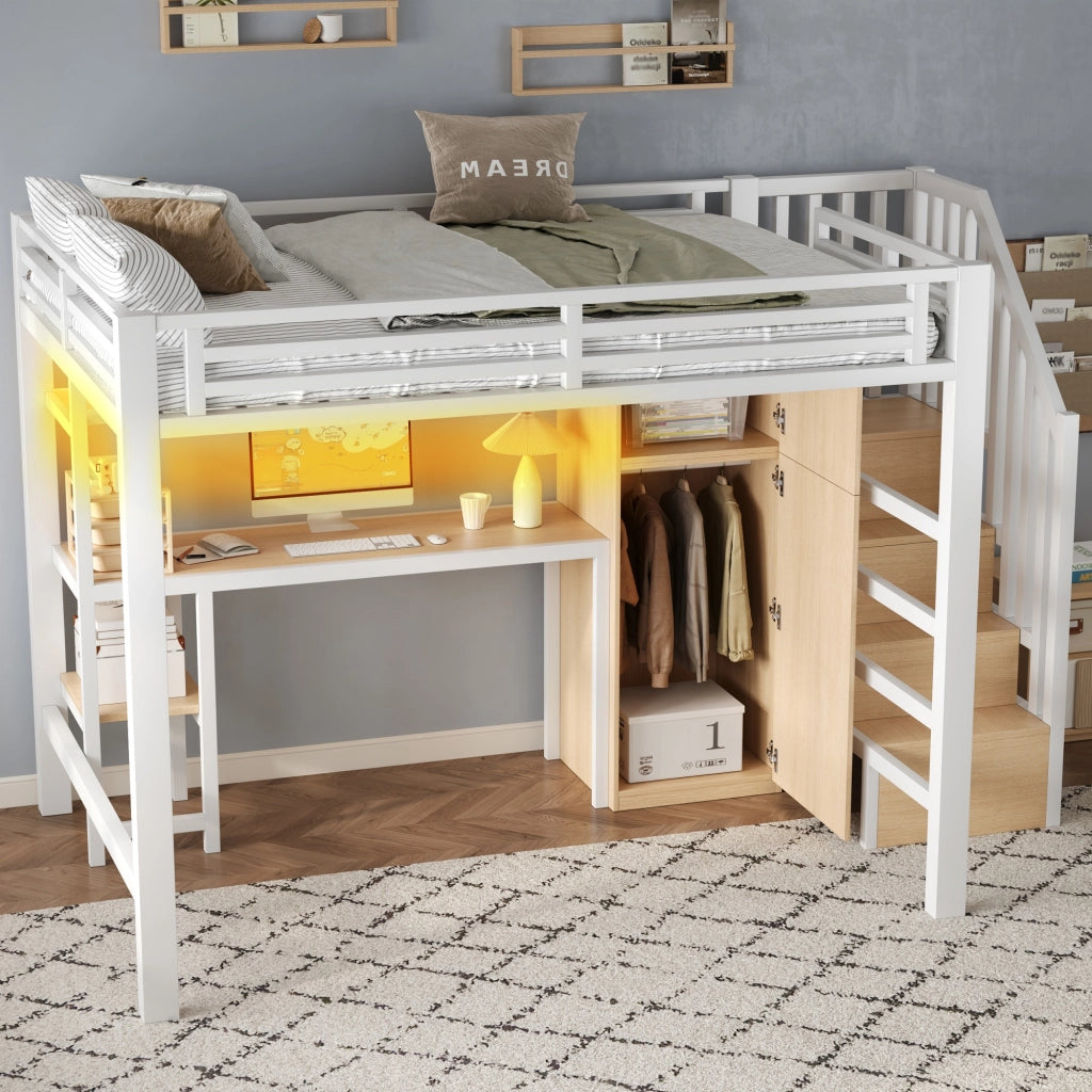 LETTO A CASTELLO 140x200 cm Bianco con scrivania, armadio, scaffale e LED
