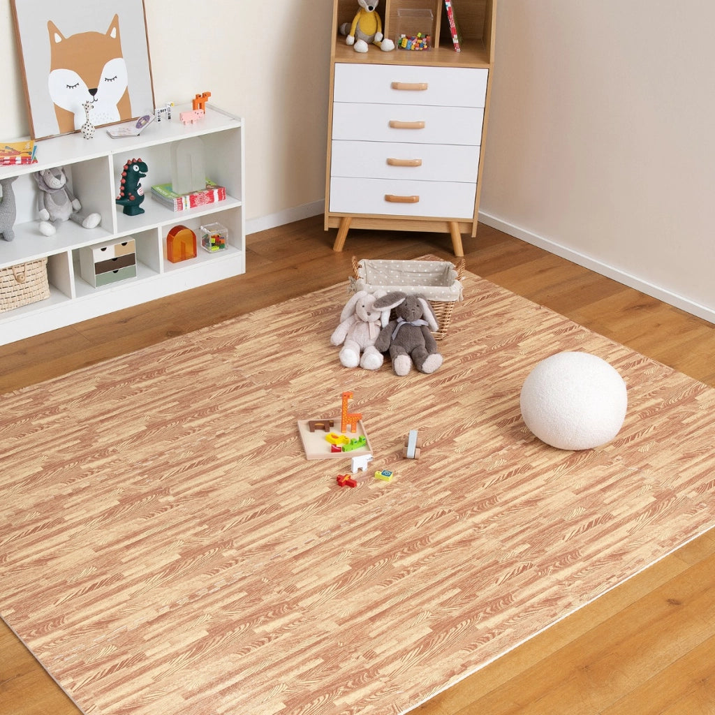 Tappeto puzzle effetto legno in schiuma EVA 61x61cm, Tappetini a incastro con bordi perimetrali copertura 4,5 M2