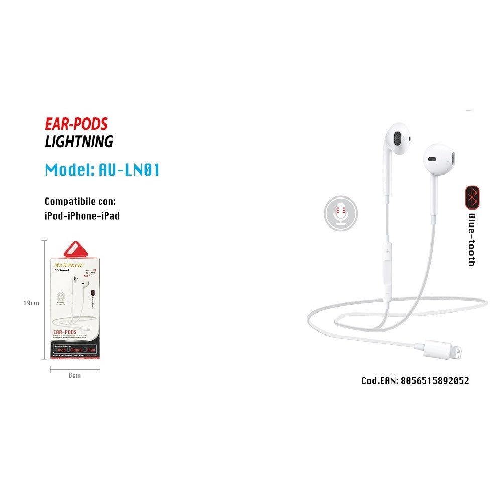 Trade Shop - Auricolari Cuffie Con Connettore Lightning Per Iphone Ipad Ipod Maxtech Au-ln01 -