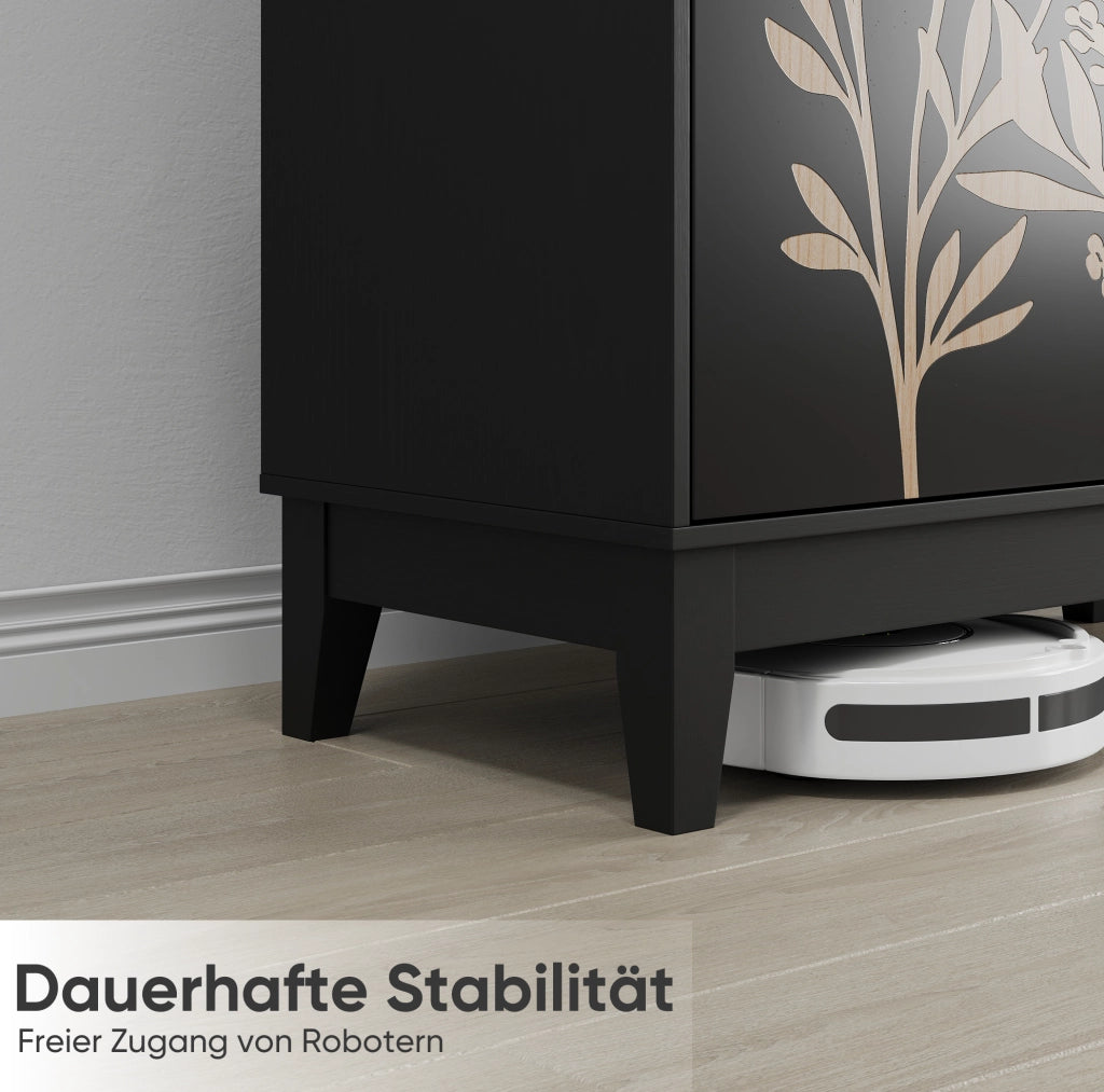 Buffet sideboard con doppia anta e intaglio floreale; struttura in MDF; nero