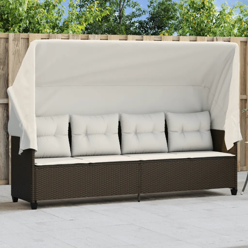 Lettino Prendisole con Baldacchino e Cuscini Marrone Polyrattan 368336