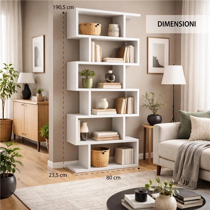 LIBRERIA ALANA CON 6 RIPIANI SFALSATI IN DESIGN MODERNO BIANCA