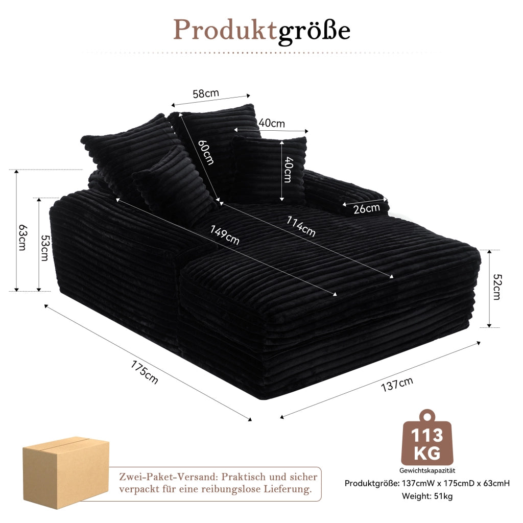 Méridiana in tessuto a coste con 4 cuscini sfoderabili e supporto ergonomico in schiuma nera 175 × 137 × 63 cm