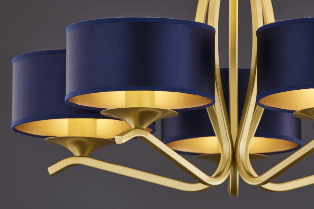 Lampadario classico oro 5 luci paralumi blu E27 Jupiter