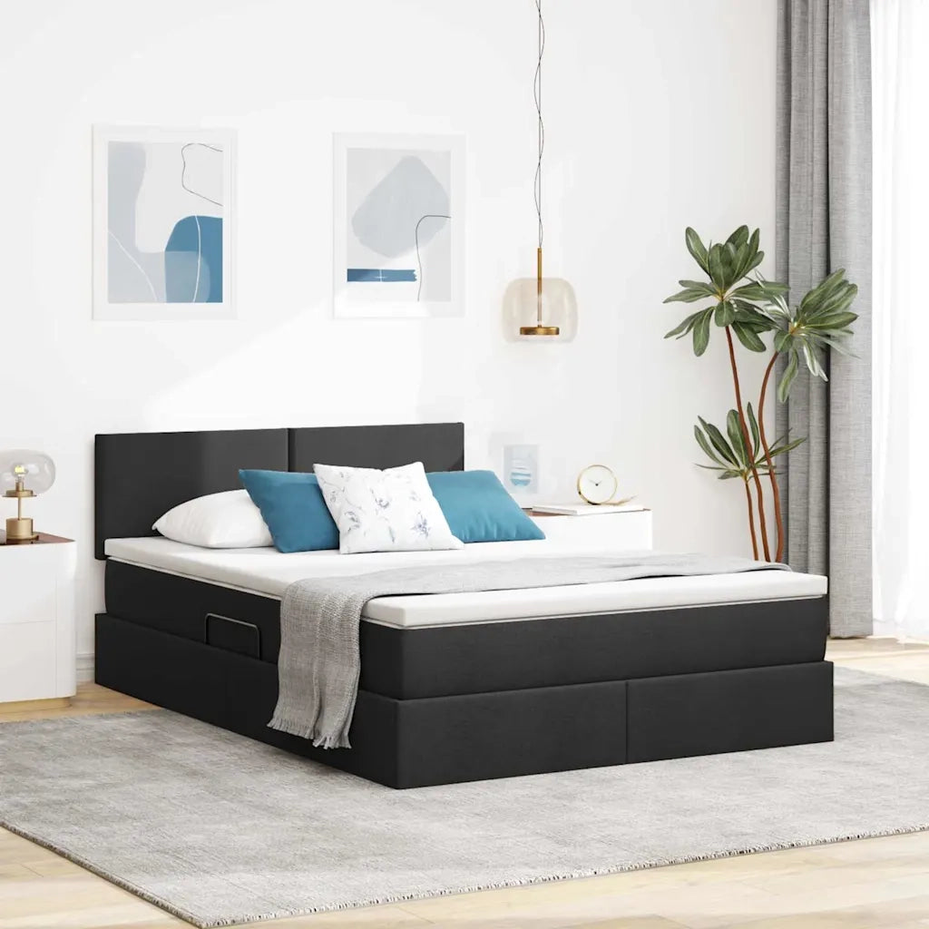 Letto con contenitore e LED con led Nero 140 x 200 cm Tessuto