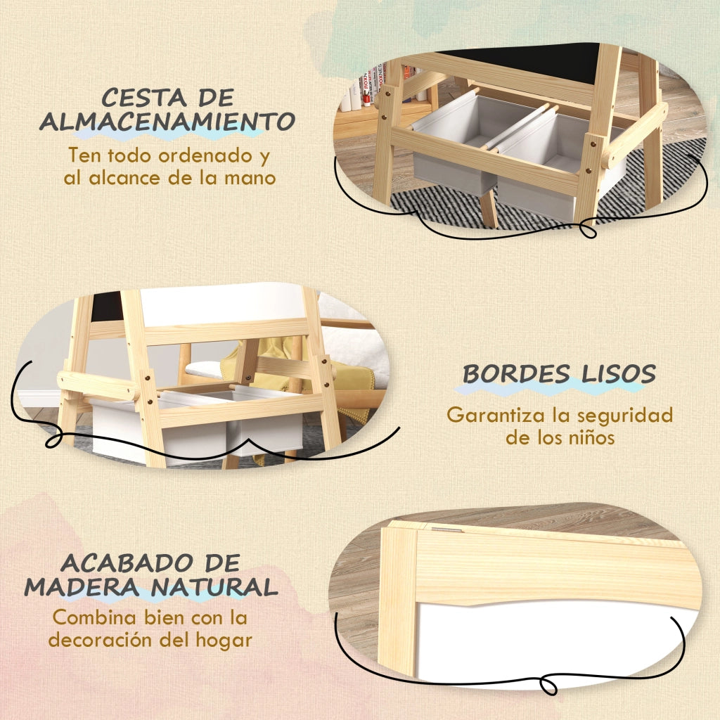 Cavalletto per Bambini 3 in 1 ¨C Xylo ¨C Legno Naturale Bianco con Lavagna 58x50,5x109 cm