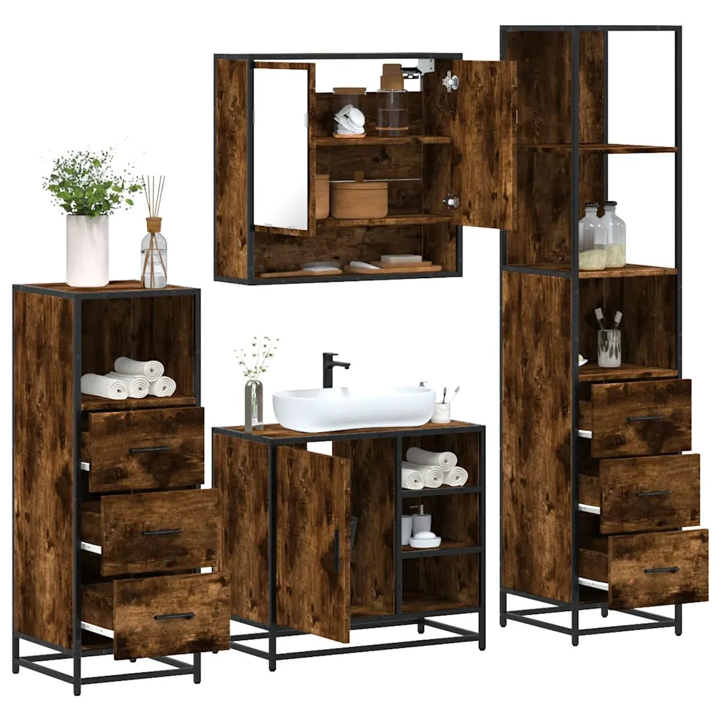 Set Mobili da Bagno | Armadio da bagno 4 pz Rovere Fumo in Legno Multistrato