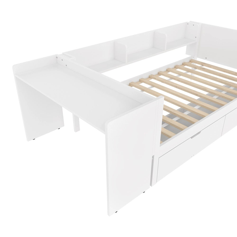 Letto Singolo con Scrivania e Cassetti ¨C MINIMAL ¨C Pino e Multistrato, Bianco, 90x200