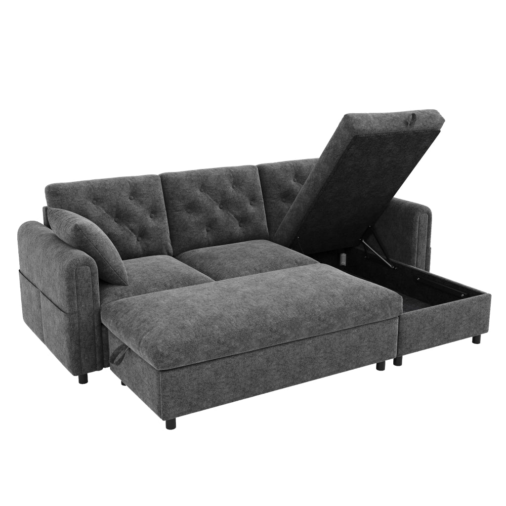 DIVANO con Chaise Longue e Pouf Contenitore 219x131x86 cm Velluto Grigio
