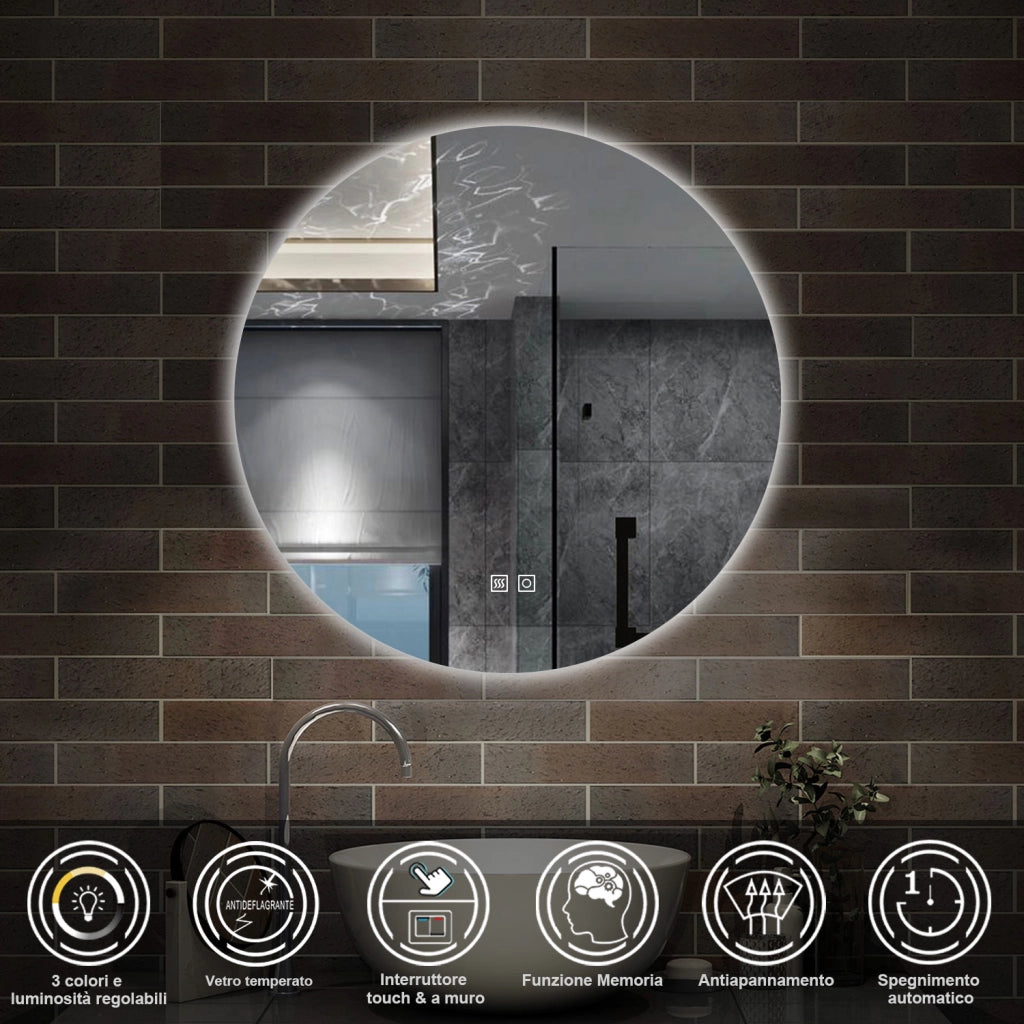 specchio rotondo 80 cm con luce led a 3 colori, antiappannamento e touch