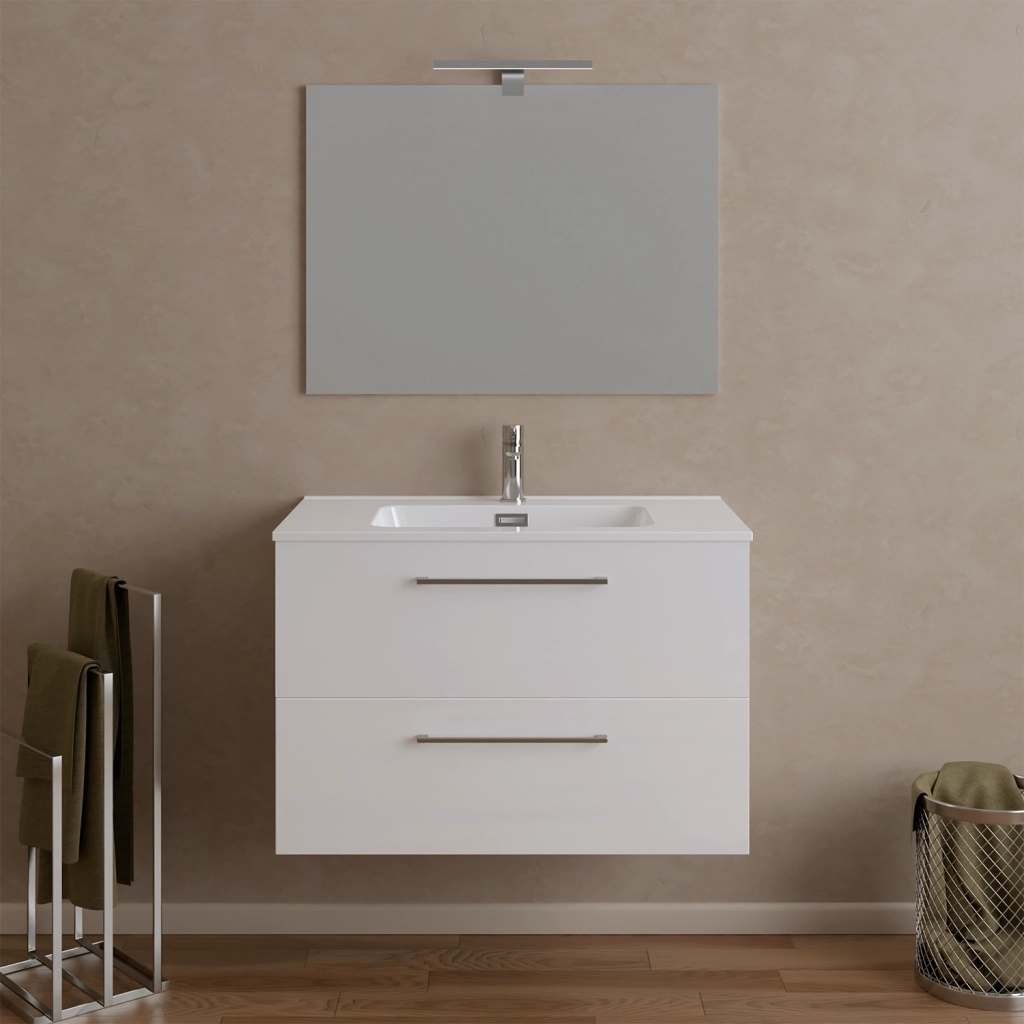 Mobile da bagno sospeso 100cm bianco lucido con lavabo e specchio | Hana