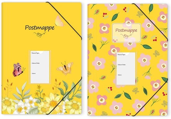 Map A4 post, con chiusura angolare, con motivi in plastica, elastica, documenti resistenti, per ufficio e scuola, giallo, 2 pezzi