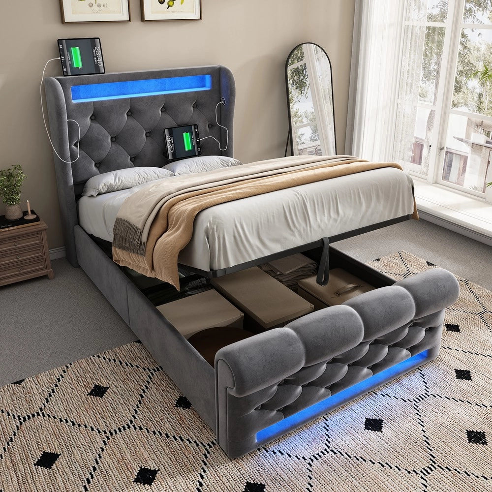 Letto Singolo Imbottito Contenitore con LED ¨C MINIMAL ¨C Grigio Velluto 90x200