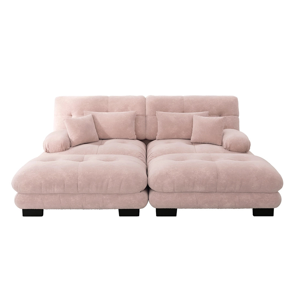 Divano angolare Cloud - Xylo - 2 posti in chenille con 2 cuscini lombari e 2 pouf, rosa