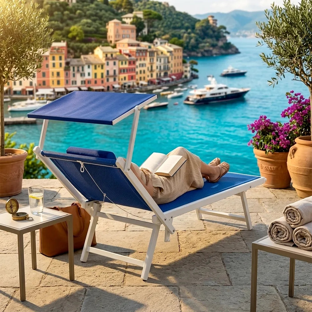 Tempo Style - Lettino Prendisole Blu con Parasole e telaio bianco