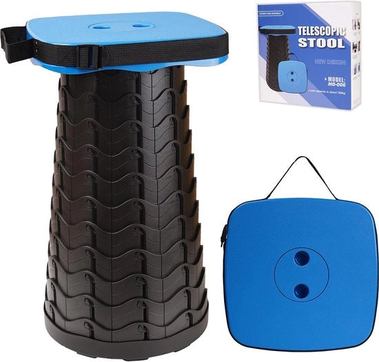 Kruk telescopica portatile con seggiolino più grande - tavola da campeggio retrattile quadrata per adulti, kruk telescopica pieghevole leggera e compatta (blu)