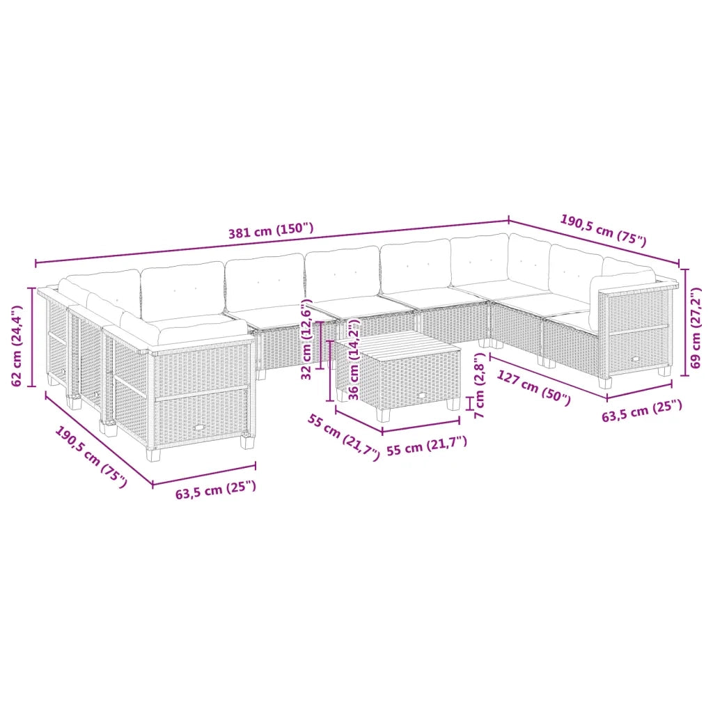 Set Divani da Giardino 11 pz con Cuscini in Polyrattan Nero 3262025