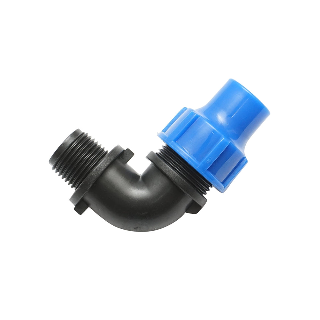 Gomito di raccordo a compressione con filettatura esterna D16mmx1/2 per sistemi di irrigazione.
