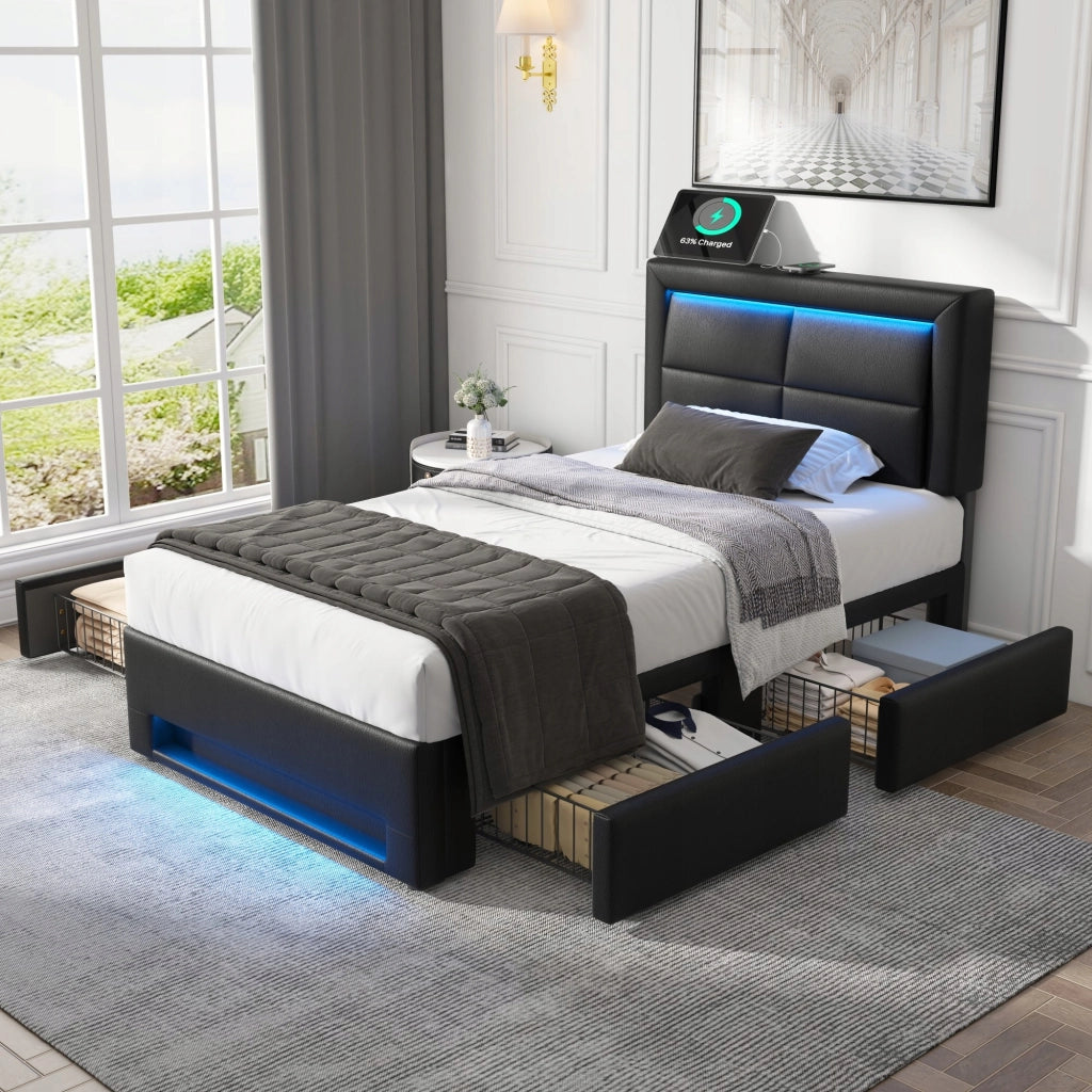 Letto imbottito con USB, LED, 4 cassetti - Xylo - 90x200 - Nero