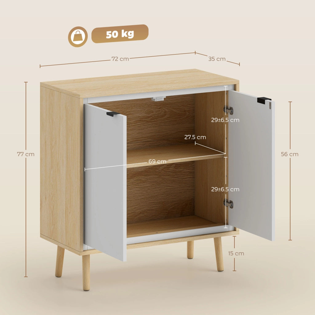 Credenza Moderna a 2 Ante con Ripiano Regolabile. 72x35x77 cm. Bianco Lucido e Rovere